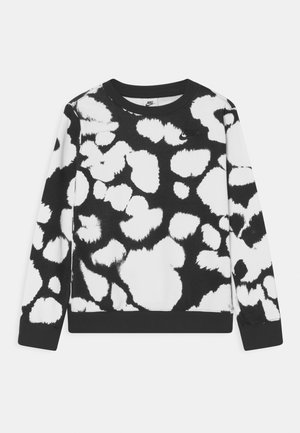 Sweatshirt noir et blanc avec un motif abstrait à taches, col rond, manches longues, et accents en bord-côte noir aux poignets et à la taille.
