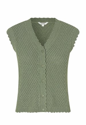 Vihreä neulottu hihaton neuletakki V-kaula-aukolla, viidellä napilla edessä, teksturoidulla diagonaalisella neulekuviolla ja aaltoilevilla reunoilla hihoissa ja helmassa.