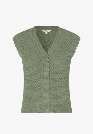 Rohelise värviga kootud varrukateta kardigan V-kaelusega, ees viis nööpi, tekstuurse diagonaalse õmblusmustri ja laineliste servadega varrukatel ja alläär.