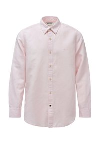Camisa abotonada rosa claro con mangas largas, un cuello clásico y un sutil logo bordado en el pecho; fabricada en tejido de algodón.