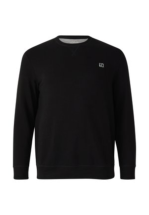 Zwarte crewneck sweatshirt gemaakt van zachte stof, met lange mouwen, geribbelde manchetten en een klein logo-detail op de borst.