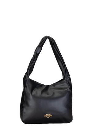 Sort læder hobo taske med snoet rem og lille gyldent Love Moschino-logo foran i midten.