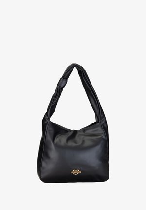 Czarna skórzana torba hobo z skręconym paskiem i małym złotym logo Love Moschino na przednim środku.