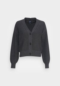 Šedý pletený cardigan s výstřihem ve tvaru V, zkráceným střihem, čtyřmi knoflíky a širokými balónovými rukávy. Texturovaná tkanina s jemným povrchem.