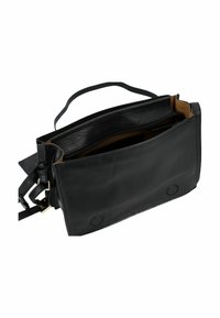 Borsa in pelle nera con una texture liscia, dotata di un compartimento con zip, apertura superiore e dettagli in metallo dorato.