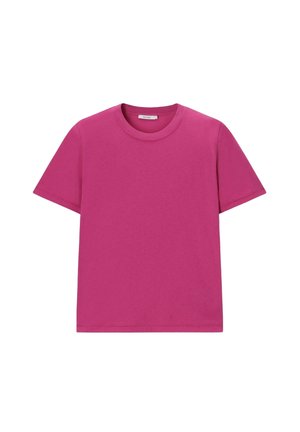 T-shirt uni à manches courtes avec col rond de couleur rose vif, présenté à plat sur fond blanc.