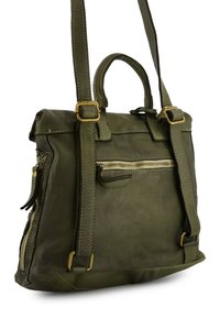 Olive green leather bag with a zippered front pocket, two handles, and an adjustable shoulder strap. Features gold-tone hardware and stitching.