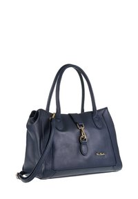 Borsa a mano in pelle blu navy con un design strutturato, doppi manici, tracolla removibile e dettagli in metallo dorato. Superficie con texture.