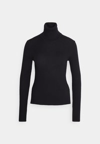 Pull noir côtelé à col roulé, coupe ajustée avec manches longues, texture lisse et col haut pour plus de chaleur.