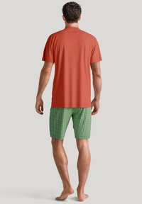 Herenoutfit met een rood T-shirt met korte mouwen en groene geruite shorts met donkerblauwe en witte accenten. Ontspannen pasvorm, zachte stof.