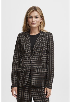 Blazer noir avec un motif en grille dorée, doté de revers crantés, de deux poches avant et d'une fermeture à un bouton. Tissu lisse, coupe ajustée.