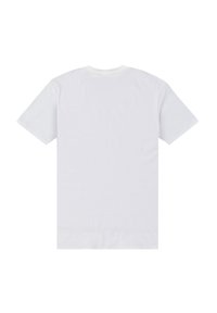 Camiseta de manga corta blanca, hecha de algodón suave, con cuello redondo y espalda lisa. Textura suave, sin patrones ni acentos visibles.