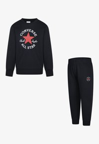 Black sweatshirt and joggers set featuring a red star logo and white text. Soft fabric, ribbed cuffs, and elastic waistband on joggers.