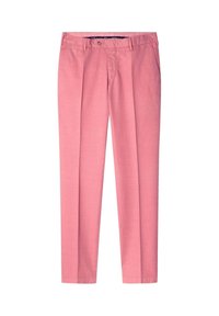 Rosa maßgeschneiderte Hose aus leichtem Stoff. Mit geradem Bein, flachem Vorderteil und seitlichen Taschen. Einknopf- und Reißverschluss.