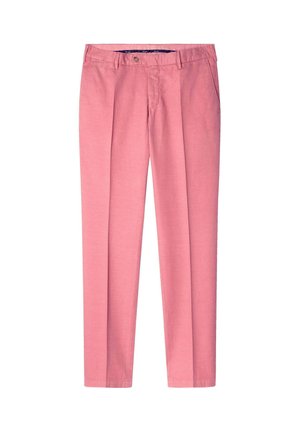 Roze op maat gemaakte broeken van lichtgewicht stof. Heeft een rechte pijp, een vlakke voorkant en zijzakken. Enkele knoop- en ritsluiting.