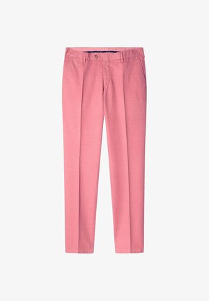 Pantaloni su misura rosa realizzati in tessuto leggero. Presentano una gamba dritta, frontale piatto e tasche laterali. Chiusura a zip con bottone singolo.