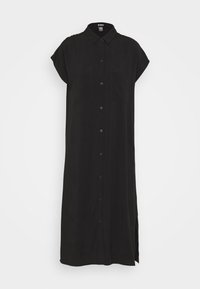 Black button-up dress with a collar, short sleeves, and two front pockets. Made from a smooth fabric, features side slits for movement.