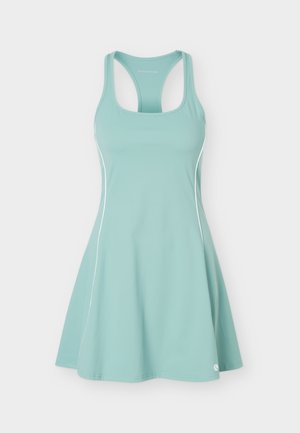 Ärmelloses, helltürkisfarbenes Sportkleid mit Racerback, figurbetontem Oberteil, ausgestellt Rock und weißen Paspeln an den Seiten.