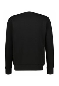 Felpa nera, misto cotone, collo a girocollo, maniche lunghe, polsini e orlo a costine, texture liscia, branding minimale sul retro.