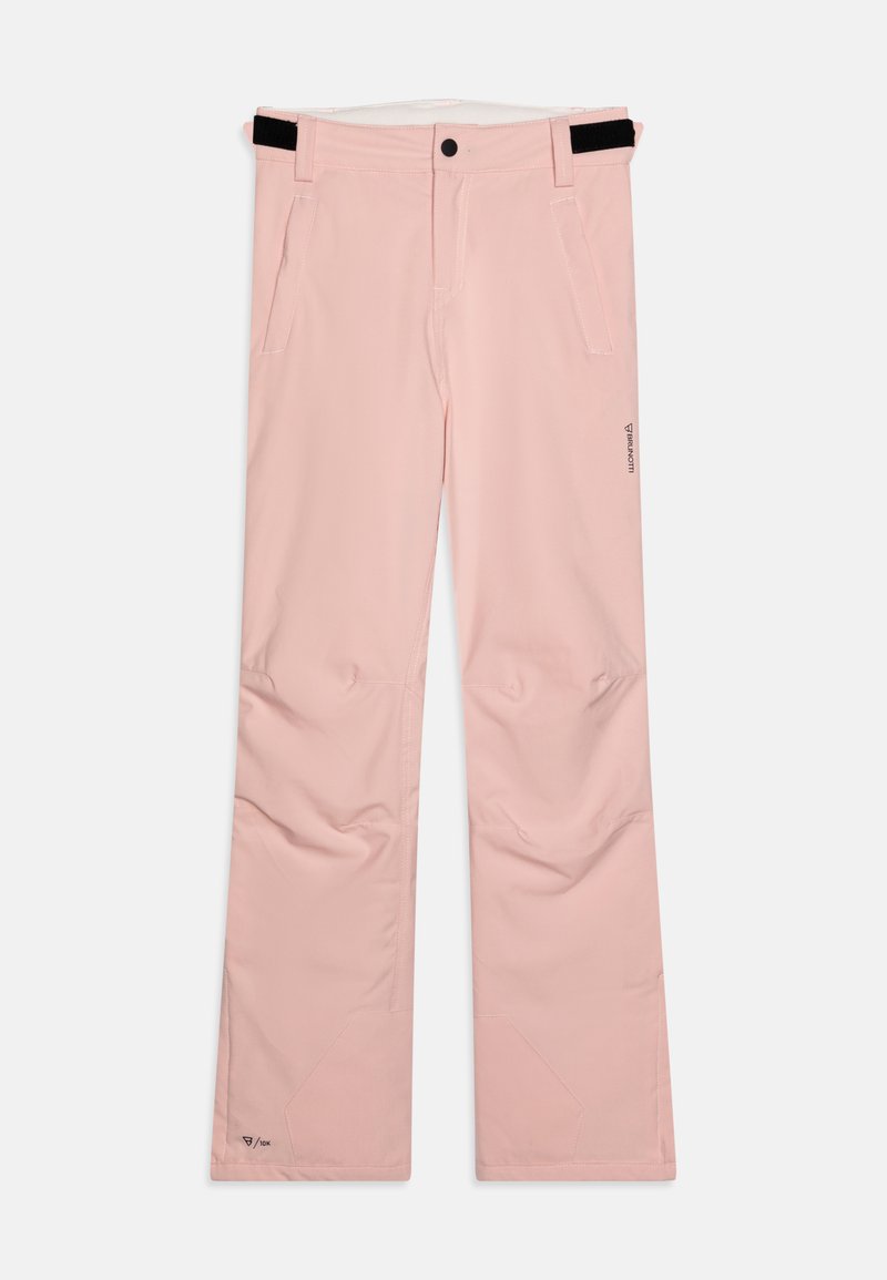 Calças de neve cor-de-rosa com textura suave, cintura elástica com acabamentos em preto e múltiplos bolsos. Possui joelhos reforçados e detalhe de logotipo.