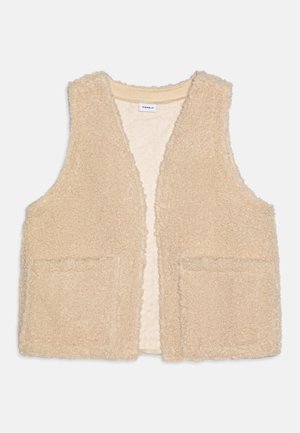 Fleeceweste in einem hellbeige Farbton mit offenem Vorderteil, zwei Fronttaschen und einem weichen, strukturierten Stoff. Keine Verschlüsse.