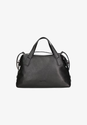 Zwarte leren handtas met een gestructureerd oppervlak, dubbele handgrepen aan de bovenkant en een afneembare schouderriem. Heeft een subtiele logo aan de voorkant.