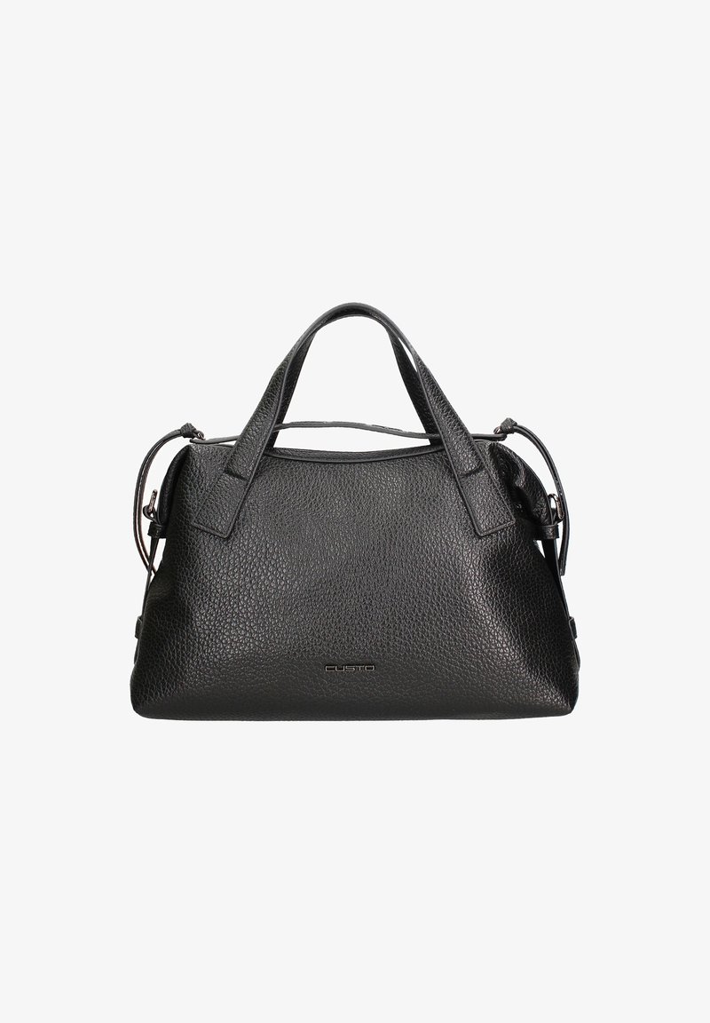 Sac à main en cuir noir avec une surface texturée, deux poignées supérieures et une bandoulière amovible. Présente un logo discret à l'avant.