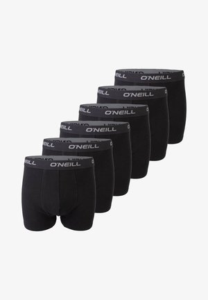 Schwarze Baumwoll-Boxershorts im Sechserpack, ausgestattet mit einem grauen elastischen Taillenbund mit "O'Neill"-Logo. Glatte Textur und enganliegendes Design.