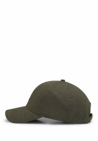 Green fabric baseball cap with a curved brim and stitched detailing. Features a button on top and an adjustable strap at the back.