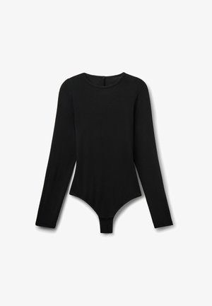 Czarny, obcisły kombinezon z długim rękawem, okrągłym dekoltem i zatrzaskami w kroku, ułożony na płasko na białym tle.