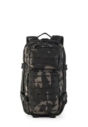 Black and gray camouflage tactical backpack with front laser-cut compartments, side compression straps, and padded shoulder straps.