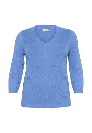 Gaišzils adīts džemperis ar V veida kakla izgriezumu, trim ceturtdaļām piedurknēm un teksturētu rombu rakstu visā virsmā.
