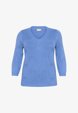 Svetlo modrý pletený sveter s výstrihom do V, rukávmi po tri štvrtiny a textúrovanými diamantovými vzormi po celom povrchu.