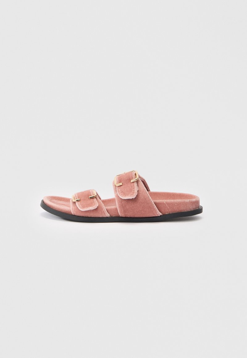 Sandal in velluto rosa con due cinturini regolabili in oro e suola piatta nera, su sfondo bianco.