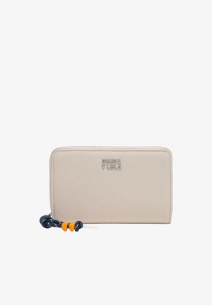 Beżowy prostokątny portfel z zamkiem błyskawicznym, logo „BIMBA Y LOLA” oraz granatowym sznurkiem do ściągania z dołączonymi pomarańczowymi i białymi koralikami.