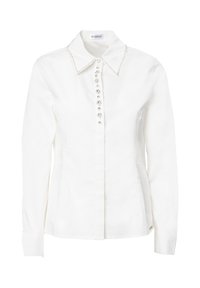 Blusa bianca in cotone con colletto a punta, placket dei bottoni decorato con gemme trasparenti e maniche lunghe con polsini abbottonati.