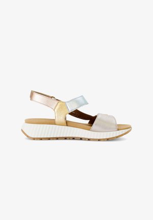 Women's open-toe sandal with metallic gold and silver straps, cushioned tan insole, white ridged sole, and adjustable ankle strap.
