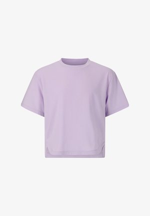 Effen pastel paarse T-shirt met korte mouwen, ronde hals en kleine zijsplitten aan de zoom.