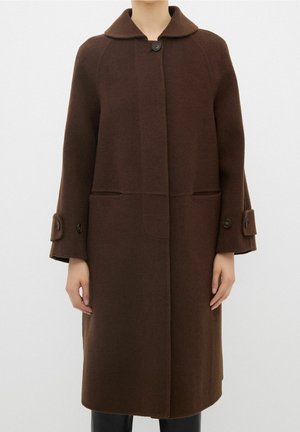 Personne portant un manteau en laine marron longueur genou, avec un seul bouton en haut, un large col, de longues manches et des pattes de poignets boutonnées.