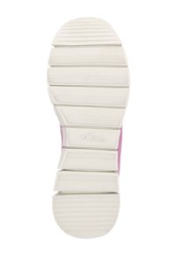 Semelle de chaussure avec une semelle extérieure en caoutchouc blanc, des rainures texturées et une partie supérieure rose. Logo notable "Mok Runner" embossé sur le côté.