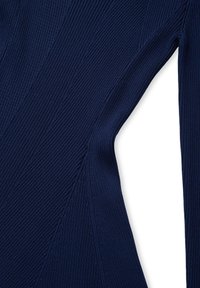 Marineblauwe ribgebreide trui met een mouw die is voorzien van gestructureerde diagonale lijnen en een getailleerd ontwerp. Het materiaal is zacht met een lichte glans.