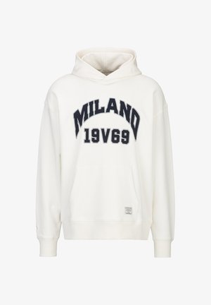 Witte hoodie met capuchon en voorzak, zwarte "MILANO 19V69" tekst op de borst en een klein labeltje bij de zoom.