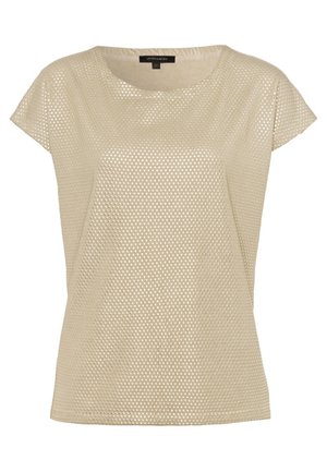 Béžový pletený top s krátkými rukávy a malými perforovanými dírkami, kulatým výstřihem a volným, pohodlným střihem.