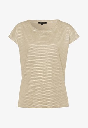 Top de punto beige de manga corta con pequeños agujeros perforados, escote redondo y un ajuste suelto y relajado.