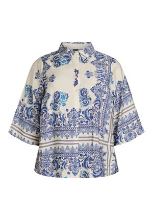 Kurzärmelige cremefarbene Bluse mit umgeschlagenem Kragen, Knopfleiste und aufwendigen blauen Blumen- und Paisley-Mustern.