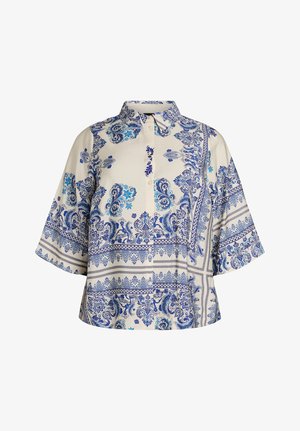 Krem košulja s kratkim rukavima, ovratnikom koji se raširuje, kopčanjem na gumbe i složenim plavim cvjetnim i paisley uzorcima.