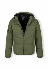 Puffer jacket in olive green, featuring a zip closure, hood, and quilted design with horizontal stitching. Interior is black.