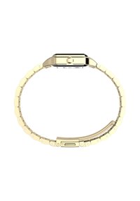 Zelta toņa metāla pulkstenis ar taisnstūrveida korpusu, gludu rāmi un saistītu aproces siksnu. Tam ir aizdare un pulēta virsma.