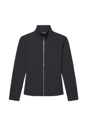 Veste noire à manches longues avec un col montant et une fermeture éclair argentée à l’avant, présentée sur fond blanc.