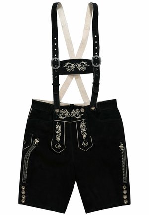Zwarte suede lederhosen met geborduurde bloemenpatronen, verstelbare bandjes, zilveren knopen en zijzakken. Accenten in zilverdraad.